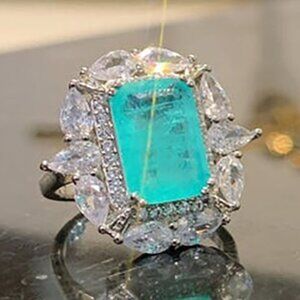 925 Silver Exclusive Blue Emerald Cut Cubic Zirconia Ring, FB16FA1064